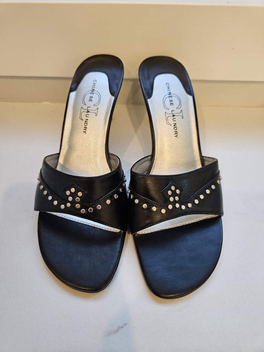 Chinese Laundry Black Studded Slide Sandals with Silver Accents